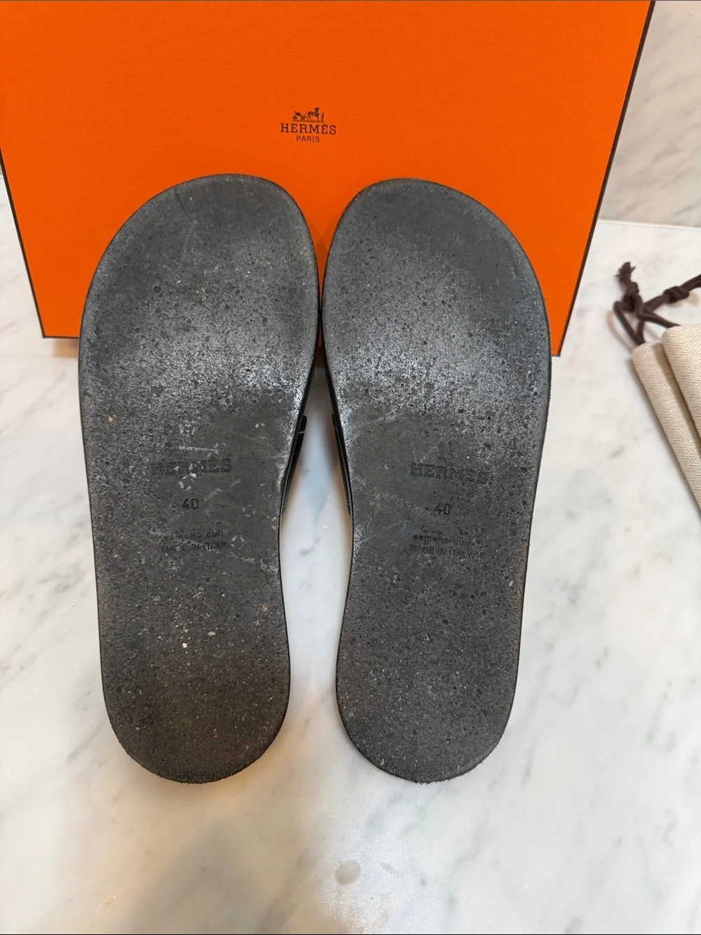 Hermes Men’s Navy Izmir Leather Slide Sandals